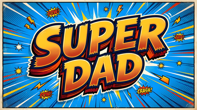 Super Dad comic book speech bubble pop art retro lettering over blue radial speed lines

