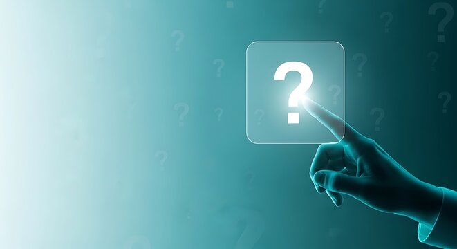 Hand touching glowing question mark on teal background with question marks finger