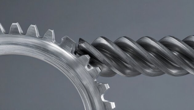 Precision metallic gear train with interlocking spiral worm gear and spur gear, captured in a widescreen cinematic industrial macro shot, perfect for engineering and mechanical technology displays.