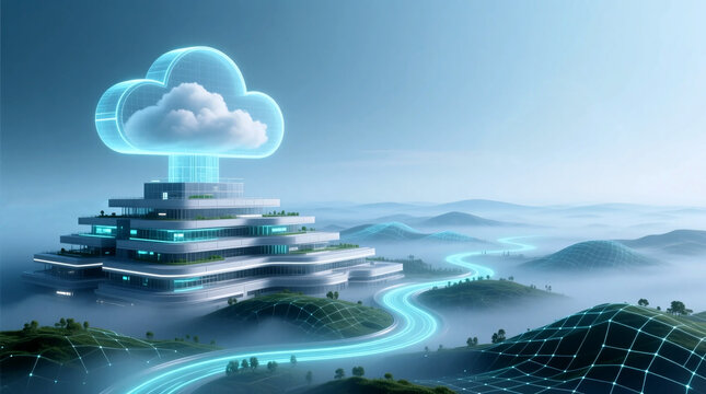 Futuristic eco digital transformation hub with sustainable cloud infrastructure processing data flow across an intelligent eco grid landscape high-tech environmental concept