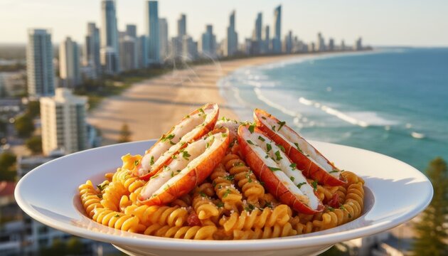 Delicious rotini pasta topped with fresh lobster meat served on a plate with the beautiful Surfers Paradise skyline in Australia