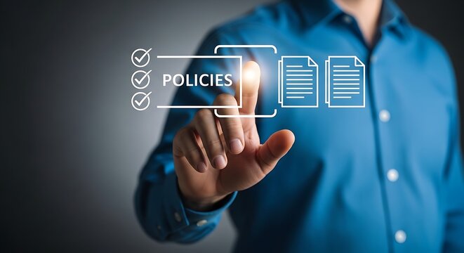 Man in blue shirt interacting with digital policy policies digital documents checkmarks