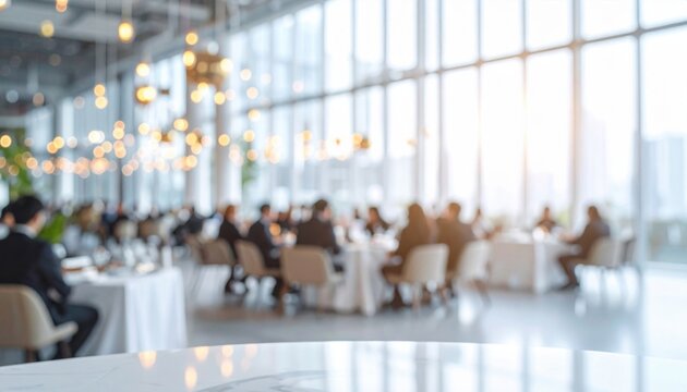 Blurred corporate executives dining at a formal business gala banquet inside a spacious luxury restaurant venue with bright window lighting
