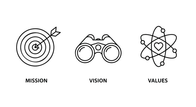 Business mission vision values icons representing strategic goals and core principles for company success