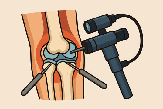 Medical illustration of an arthroscopy procedure on a human knee joint with surgical instruments and a camera.