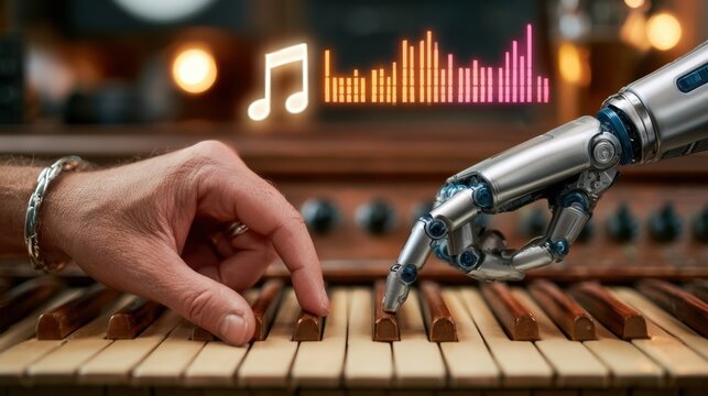 Human hand and robotic hand playing piano together with colorful digital music note and sound wave interface in warm ambient lighting background