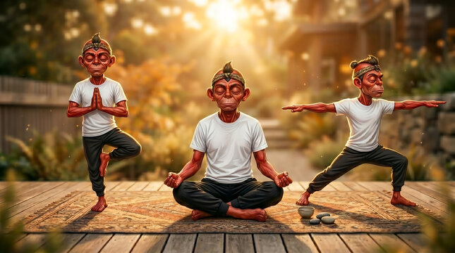 Monkey's Zen: Three stylized monkeys in human-like form engage in various yoga poses outdoors, embodying tranquility and mindful movement.