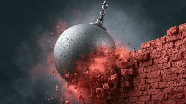 Large heavy metal wrecking ball smashing through red brick wall with dust and debris flying in dynamic destruction concept on dark background