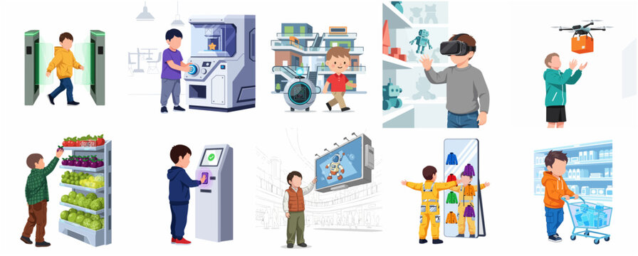 Kids interacting with futuristic smart technology and retail automation in daily life, flat vector illustration set