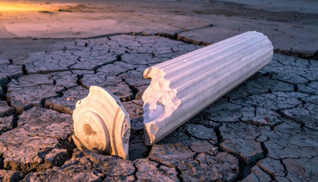 Broken marble pillar lying on parched cracked earth represents the downfall of civilization and passage of time in a cinematic widescreen composition, perfect for historical or dramatic themes.