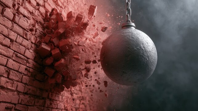 Heavy metal wrecking ball demolishing solid red brick wall with flying debris and dust against dark smoky background in construction and destruction concept