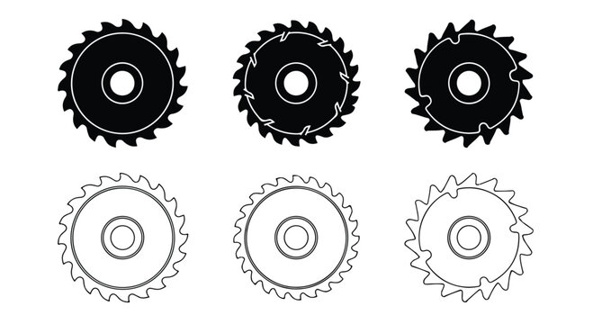 Collection of six circular saw blades in black and white silhouette and outline styles for woodworking and construction
