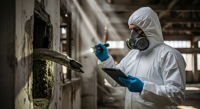 Professional Asbestos Surveyor in Hazmat Suit and Respirator Conducting a Hazardous Material Inspection and Remediation Assessment in an Old Industrial Building