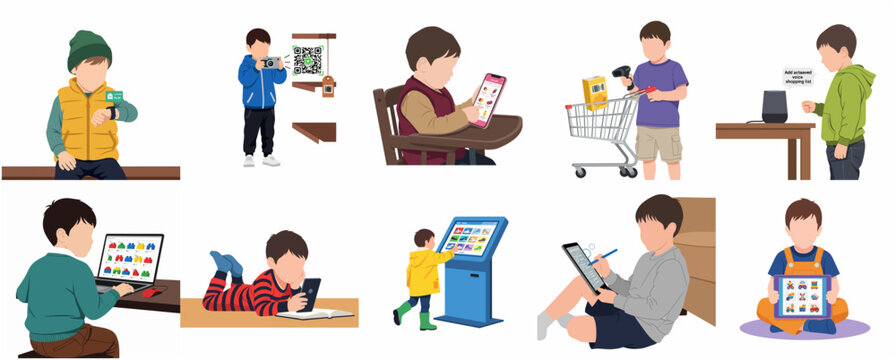 Set of vector illustrations featuring a young boy interacting with modern technology, smart devices, and digital services for shopping, education, and home automation.