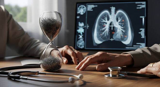 Medical diagnosis of asbestos related diseases with hourglass representing life expectancy and lung scan showing cancer symptoms from toxic fiber exposure