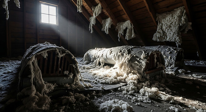 Hazardous Asbestos Insulation Deteriorating on Pipes in a Dark Attic with Light Rays Showcasing Dangerous Airborne Fibers for Asbestos Abatement and Remediation