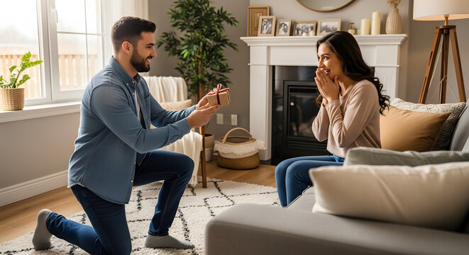 A man on one knee proposing to a surprised woman in a living room