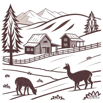 winter landscape with cabin and deer vector illustration