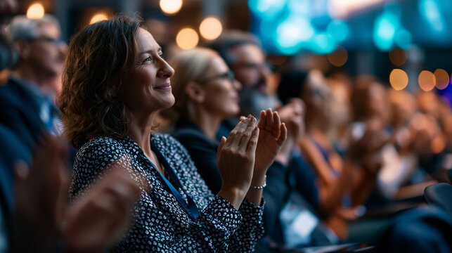 Packed conference auditorium filled with smart professionals in business attire rising to applaud enthusiastically following a compelling keynote presentation on emerging technology,