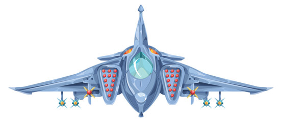 Fototapeta premium Combat fighter jet icon. Military airplane in front view. Aircraft with weapons missiles and gun, isolated on white background. Vector cartoon style illustration