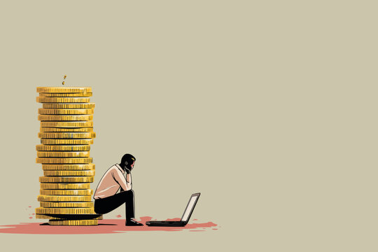 Young asian female analyzing growing stack of coins with laptop