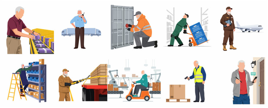 Senior male logistics and warehouse workers performing various industrial tasks in distribution, shipping, and delivery services.