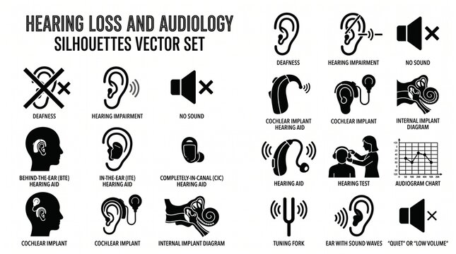 Hearing loss and audiology silhouettes vector set with hearing aid, sound wave