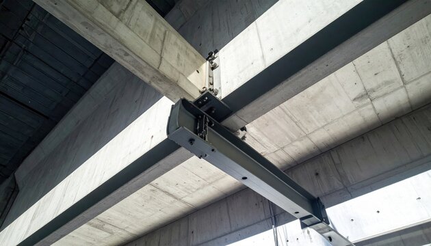 Industrial heavy iron pipe bracket mounted securely into a textured concrete ceiling, providing robust structural support for complex infrastructure projects within a large commercial building interio