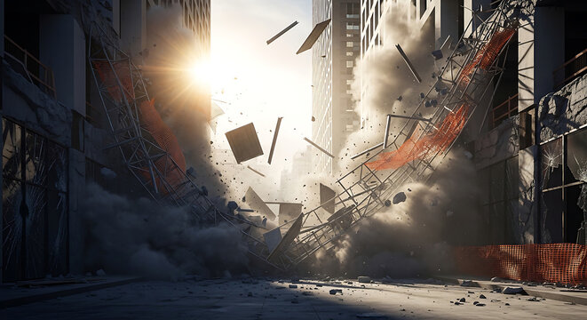 Massive scaffolding accident at a highrise construction site featuring falling steel frames debris and dust clouds during a catastrophic structural failure in the