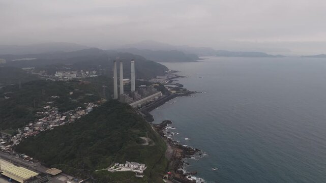 Aerial view of power plant on the coast of taiwan