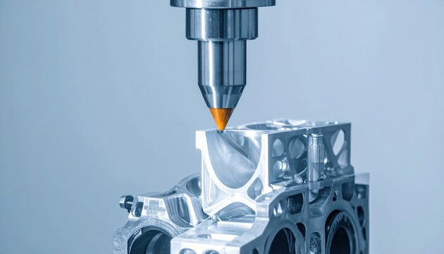 Industrial injection nozzle depositing high viscosity polymer material into complex metallic mold cavities for advanced manufacturing processes, capturing precise engineering and automotive production