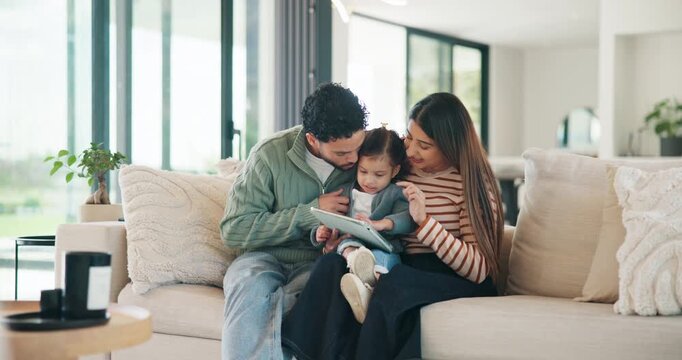 Parents, kid and tablet with game on sofa for problem solving, development or bonding activity. Learning, family and child with tech in home for playing online puzzle, growth support and relationship