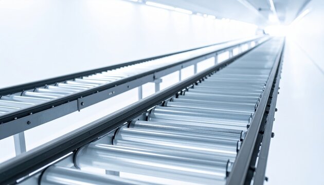 Industrial automated conveyor system featuring parallel magnetic tracks for efficient material transport and logistics automation in a clean, high tech manufacturing facility with wide perspective.