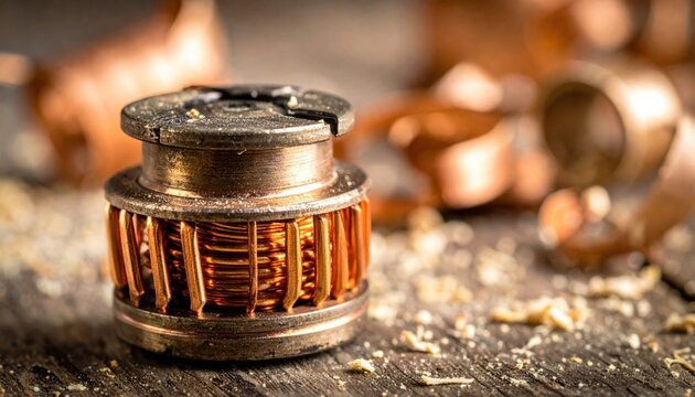 Industrial electromagnetic coil with exposed copper wiring and metallic components on a weathered wooden surface, showcasing high precision electrical engineering and mechanical craftsmanship.