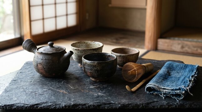 A tranquil Japanese tea ceremony set with a teapot, tea bowls, and whisk on a slate surface