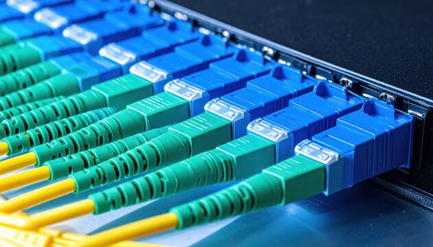 Professional fiber optic network cabling panel with blue and green connectors inserted into a server rack. A high quality shot showcasing modern data center infrastructure and connectivity systems.