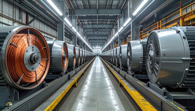 Industrial rows of high performance synchronous servo motors aligned on reinforced metal rails within a vast manufacturing plant floor, highlighting precision engineering and electrical component asse