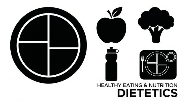 Healthy eating and nutrition dietetics icons with food plate apple broccoli