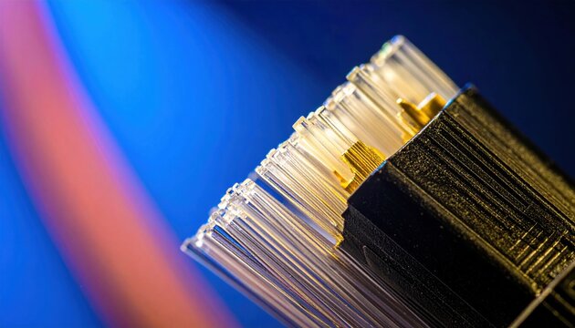 Macro view of high speed fiber optic transceiver with delicate glass strands and gold plated connectors, captured in a widescreen cinematic shot representing modern global data communication.