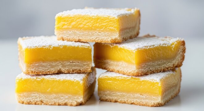A stack of freshly baked lemon bars featuring a thick citrus curd layer and buttery crust topped with a light dusting of powdered sugar, food, fresh, snack