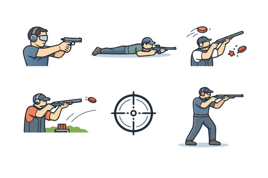 Professional Shooting Sport Icon Set Depicting Pistol Range Prone Position Skeet Trap Aiming Targets and Athlete Stance Clean Minimalist Vector Graphics for Competitive Marksmanship and Training