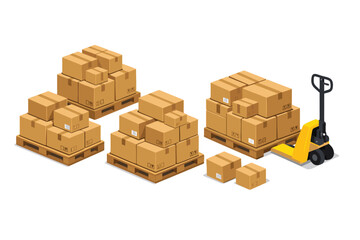 Fototapeta premium Professional isometric illustration of cardboard shipping boxes stacked on wooden pallets with a yellow pallet jack, representing logistics, warehouse storage, and supply chain operations.