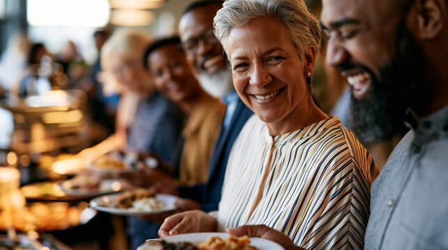Diverse group gathered casually around a buffet table at a social event, mixing plates of food with light conversation and laughter in a relaxed and welcoming atmosphere, defocused catering