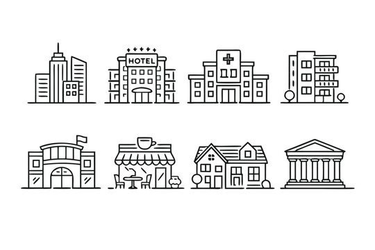 Comprehensive Set of City Building Web Icons in Modern Line Style Featuring Hotel Hospital Apartment Shopping Mall Cafe Townhouse Architecture Symbols for Urban Infrastructure Map Navigation