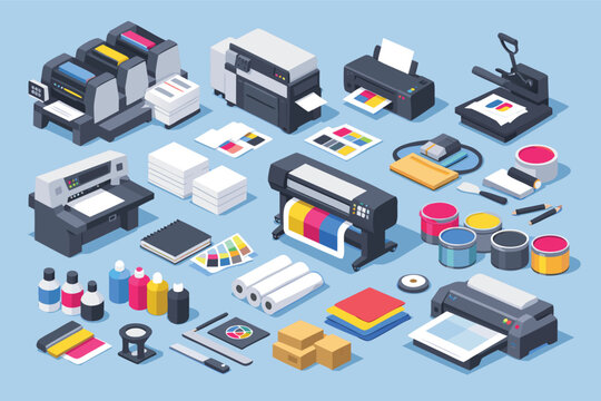 Comprehensive Isometric Vector Illustration of Modern Printing Industry Equipment and Supplies Featuring Offset Press, Digital Printers, Wide Format Plotter, CMYK Ink Cans, Paper Stacks, and Tools.