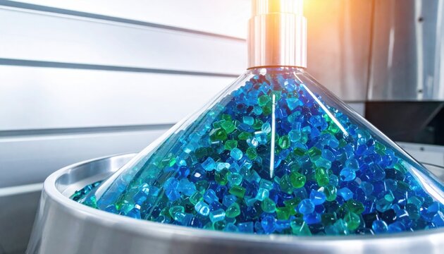 Vibrant blue and green thermoplastic resin pellets stored inside a transparent glass industrial silo, capturing the precise manufacturing process of high quality plastic materials in factory.