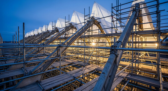 Professional complex metal scaffolding roof system at a construction site during twilight featuring heavy duty structural engineering for building renovation