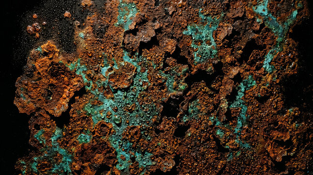 Abstract rust and verdigris corrosion texture with dewdrops on dark background