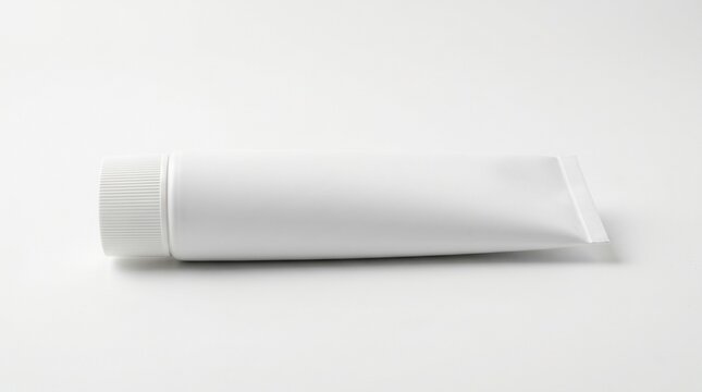 Blank white plastic squeeze tube mockup lying down flat isolated on clean white background for cosmetic cream or toothpaste packaging
