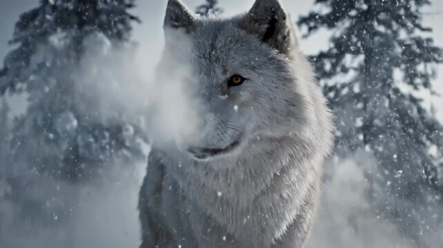 White wolf walking through deep snow during a heavy winter blizzard in a misty coniferous forest, featuring thick white fur and intense eyes amidst falling snowflakes.